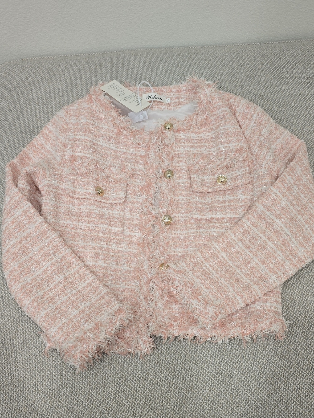Women's Pink And While Tweed Blazer with Gold Buttons